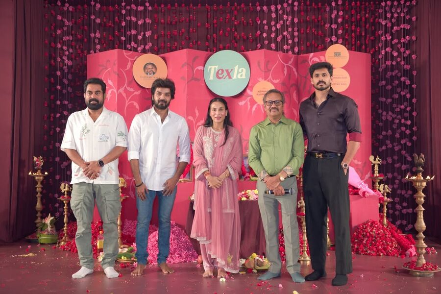 Aishwarya Rajinikanth on stage with the cast and crew at the launch ceremony of her film Texla